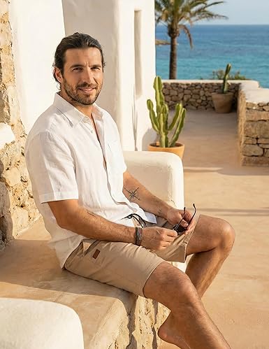 Men's Casual Shorts Cotton Drawstring Elastic Waist Lightweight Summer Beach Shorts with Pockets