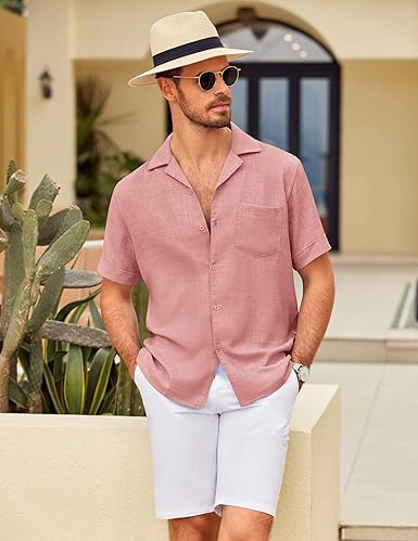 Mens Casual Short Sleeve Button Down Shirts Cuban Linen Textured Shirt Summer Beach Wear