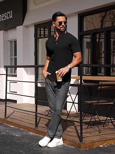 Mens Muscle Henley Shirts Lightweight Workout T-Shirt Gym Tee Athletic Short Sleeve with Button