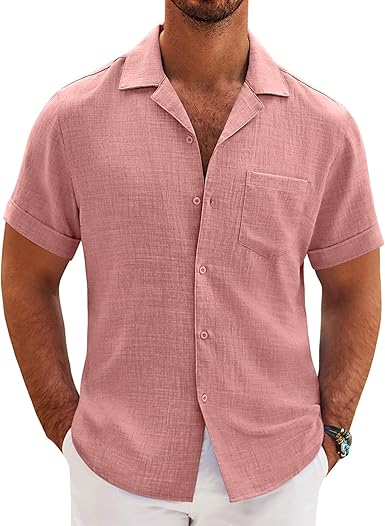 Mens Casual Short Sleeve Button Down Shirts Cuban Linen Textured Shirt Summer Beach Wear